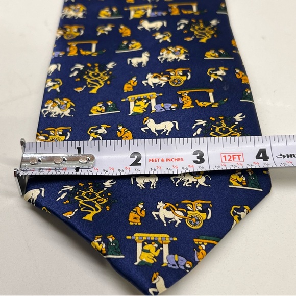LANBO Dark Blue Cream Gold Green Chinese / Horse Print 100% Silk Neck Tie 57” - Picture 8 of 9